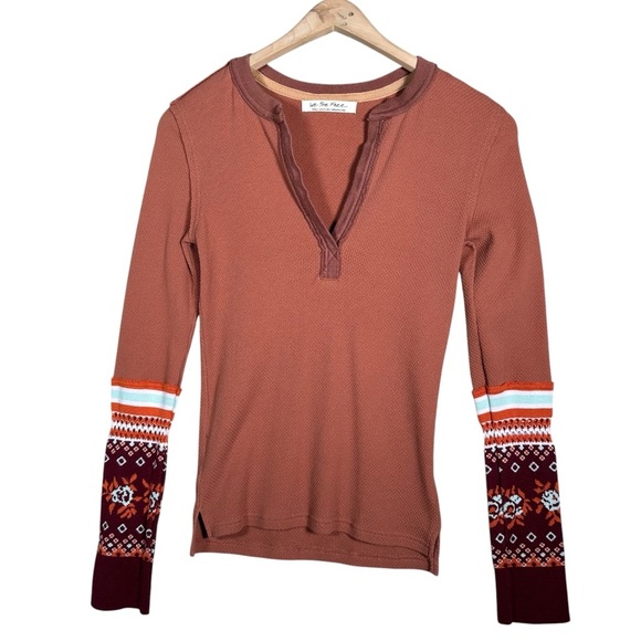 FREE PEOPLE Mikah Layering Cuff Waffle Knit Henley Thermal Top in autumn combo - Picture 9 of 9